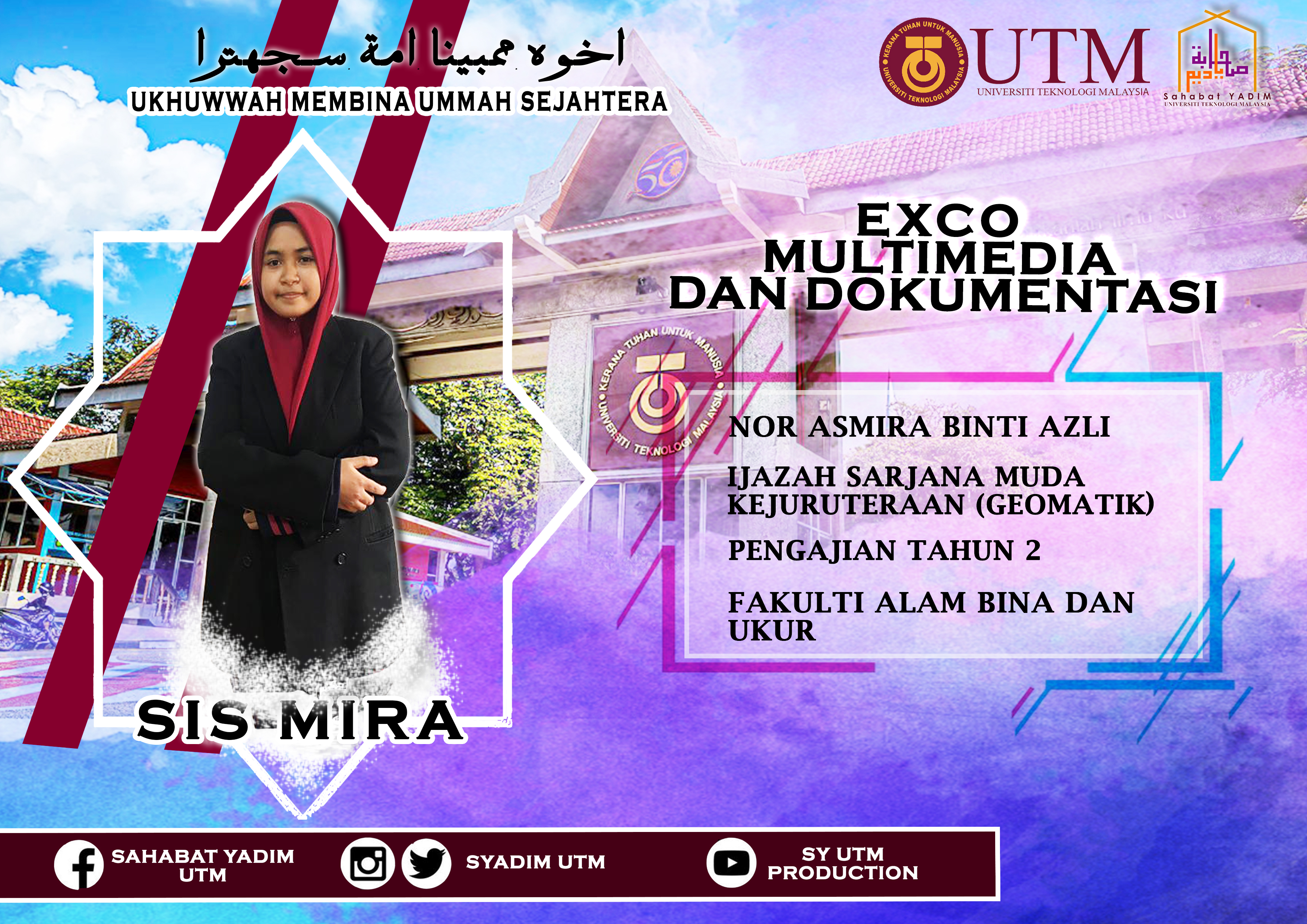 Assalamualaikum wbt dan selamat sejahtera Saya Nor Asmira Binti Azli merupakan majlis pimpinan universiti Sahabat YADIM UTM sesi 2019/2020. Saya akan berusaha mewujudkan suasana ummah yang sejahtera di dalam kampus Universiti Teknologi Malaysia. Justeru, kerjasama daripada masyarakat kampus amat diperlukan dalam merealisasikan impian ini. Akhir kata, semoga segala usaha kita dapat memberi impak yang positif kepada semua . Tak mudah nak mudah, semua bermula dari bawah. Semoga suatu hari nanti SYUTM menjadi satu organisasi yang dapat menaikkan nama UTM. Akhir kalam, semoga setiap apa yang kita lakukan dapat keberkatan di dunia dan di akhirat Ukhuwah Membina Ummah Sejahtera #ummahsejahtera #SYUTM